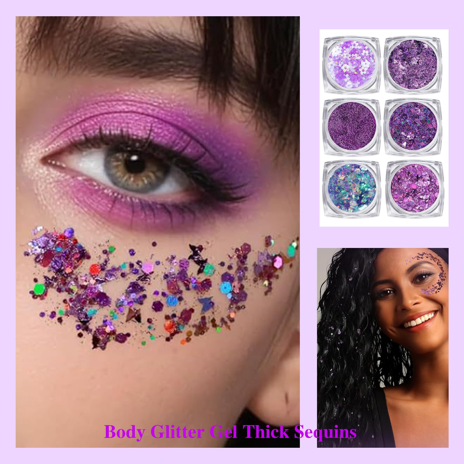 6er Set Body Glitter Gel - Glitzer Schminke Für Festival, Fasching, Weihnachten, Inkl. Sterne & Monde