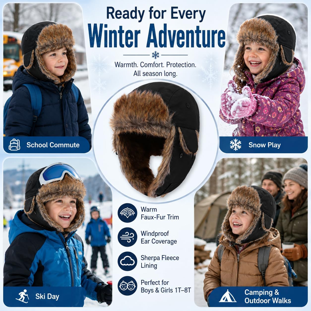 Kids Winter Trapper Hat Toddler Outdoor Warm Windproof Ushanka Aviator Hat Sherpa Fleece Lined Ski Cap for Boys Girls 1T-8T