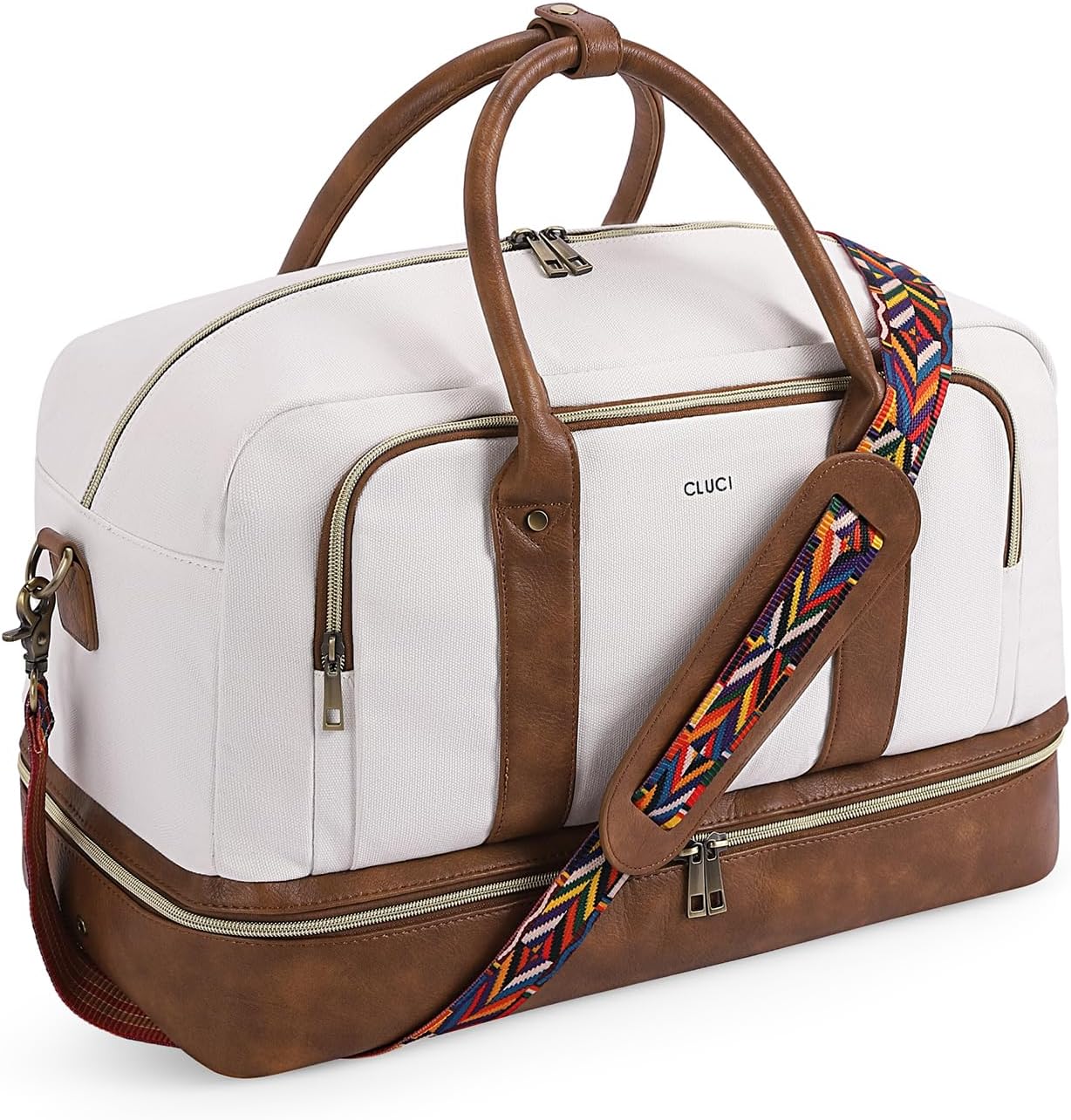 CLUCI Duffle Bag Weekender Bags for Women Canvas Anti Theft Travel Bag for Women Overnight Tote Carry On Bags with Shoe Compartment White with Brown