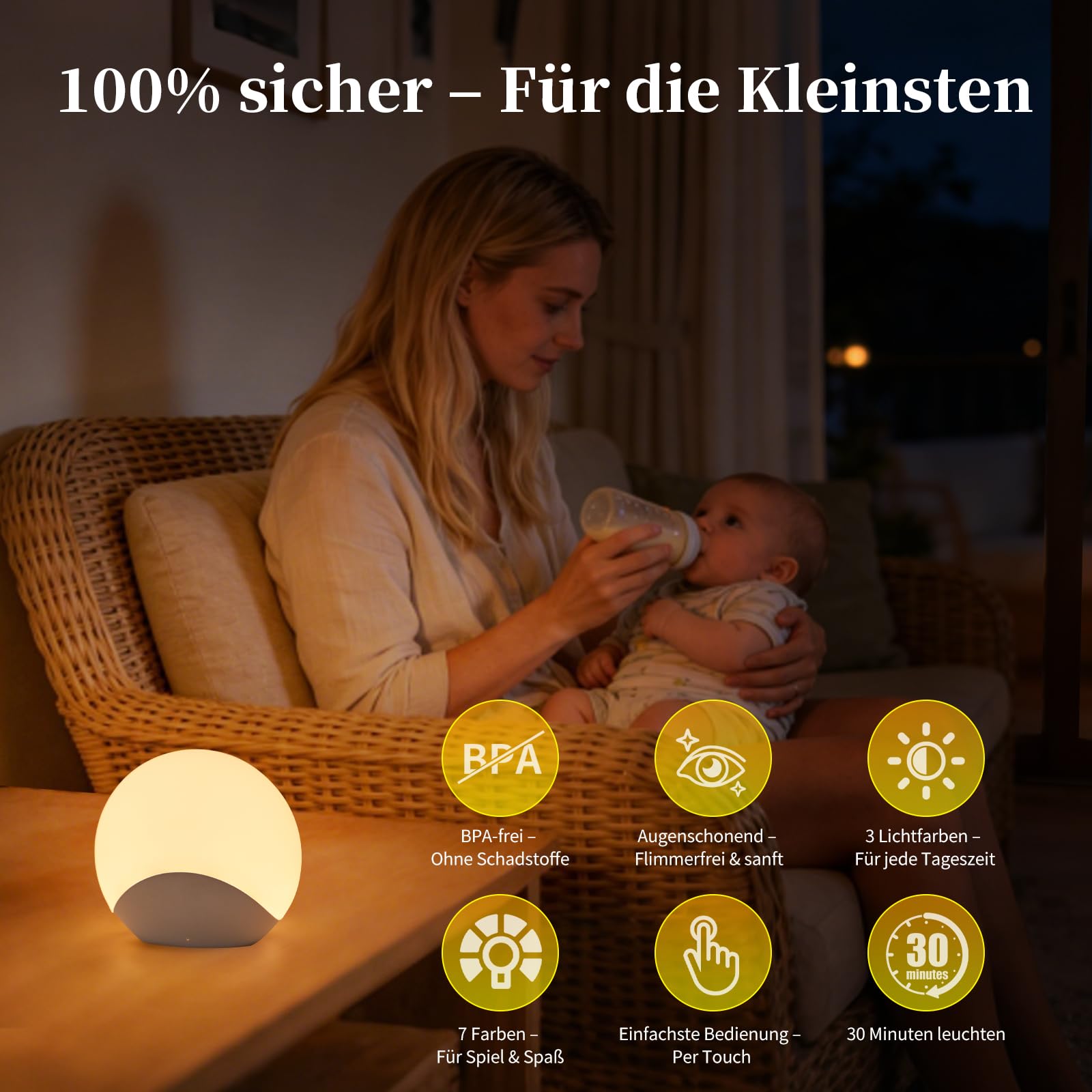Luce notturna morbida con 8 cambi di colore e timer, intensità regolabile con semplice tocco, lampada da comodino a LED RGB ricaricabile per la cameretta dei bambini, senza BPA e rispettosa