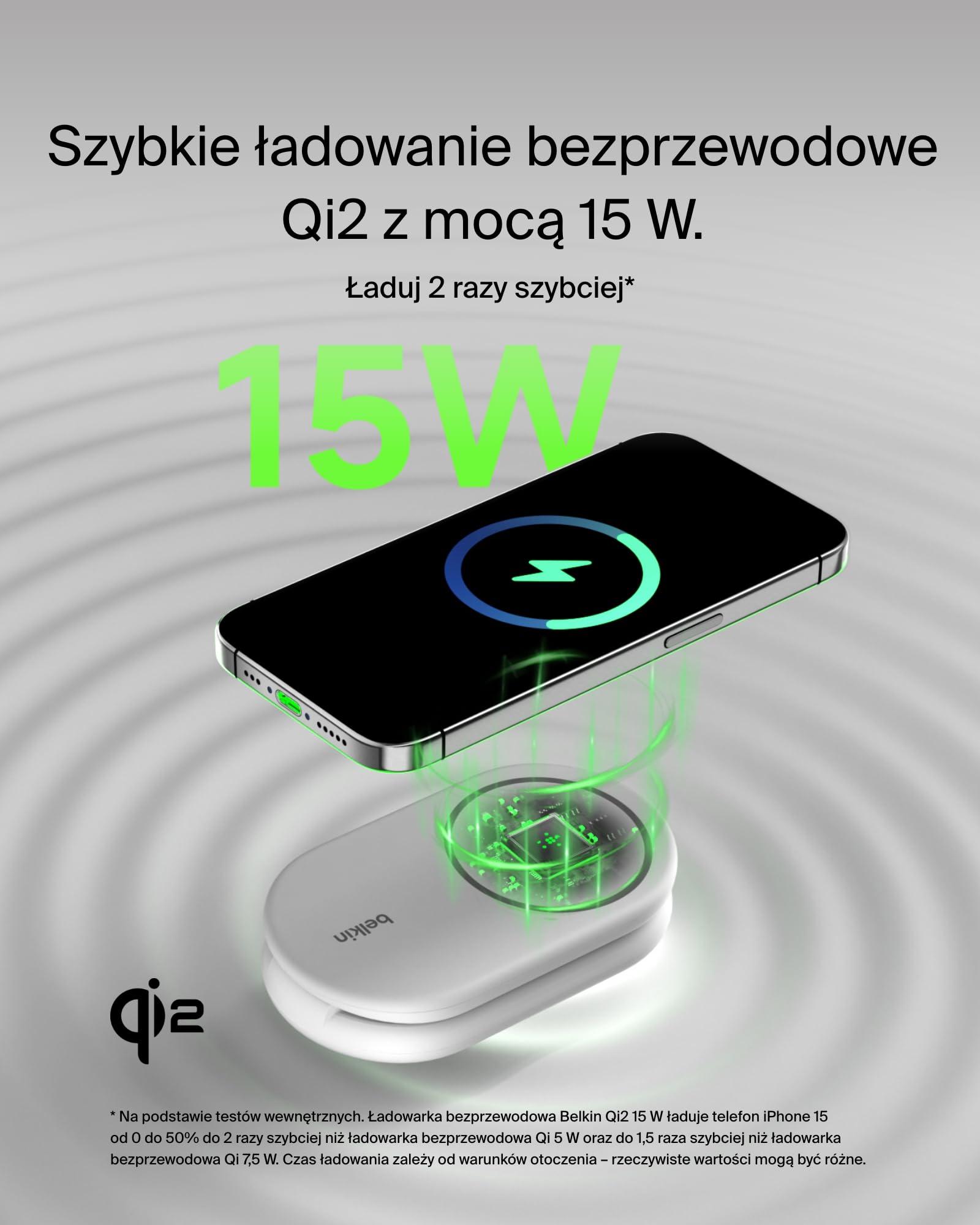 Belkin BoostCharge magnetyczna, składana ładowarka Qi2 2 w 1 o mocy 15 W, ładowarka bezprzewodowa zgodna z MagSafe do Apple iPhone 16/15/14/13, z antypoślizgową podstawą, zasilacz w zestawie – biała