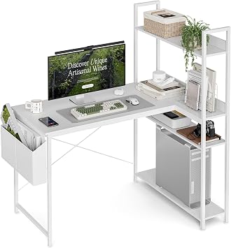 Grandder 100x80 cm L Shaped Gaming Desk with Reversible Storage Shelves, Computer Desk Home Office Corner Study Writing Table with Hutch, Study, White