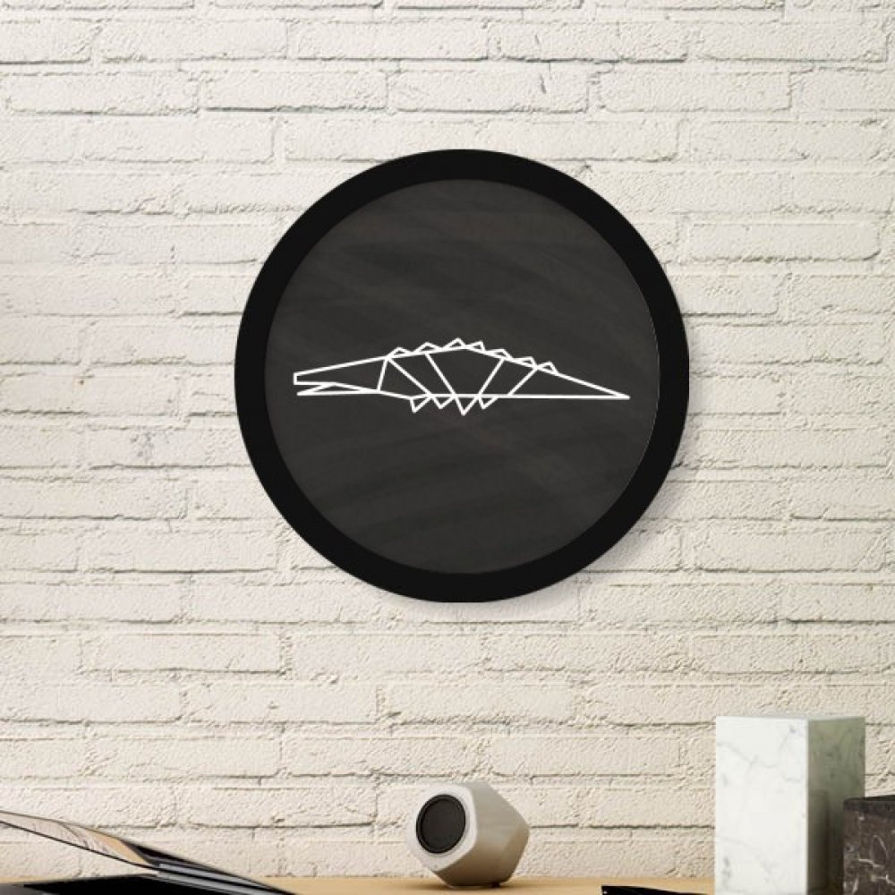 Cadre photo rond bois noir et peinture origami crocodile géométrique pour mur