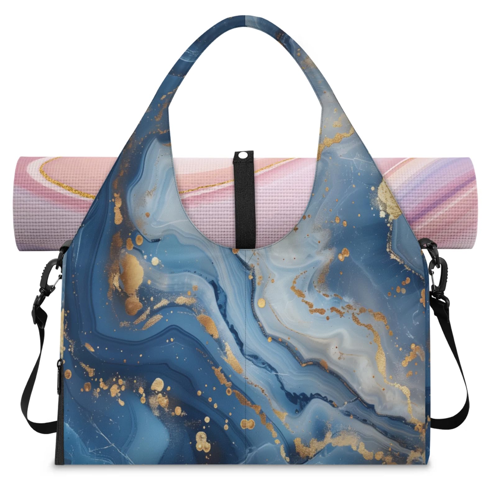 Eativisa Marble Blue Gold Yoga Tote Bag - Women's Waterproof Gym Bag with Adjustable Shoulder Strap, Shoe Compartment, Multiple Pockets for Yoga Mat, Shoes (17.9 x 9.25 x 10.47 inches)
