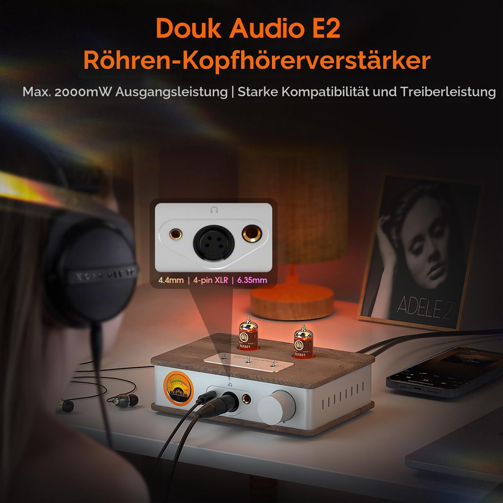 Douk E2 Röhren Kopfhörerverstärker mit XLR/4.4mm/6.35mm/ RCA Ausgänge, HiFi-Stereo Vorverstärker mit VU-Messgerät für Kopfhörer, Heim-Verstärker, Aktive Lautsprecher