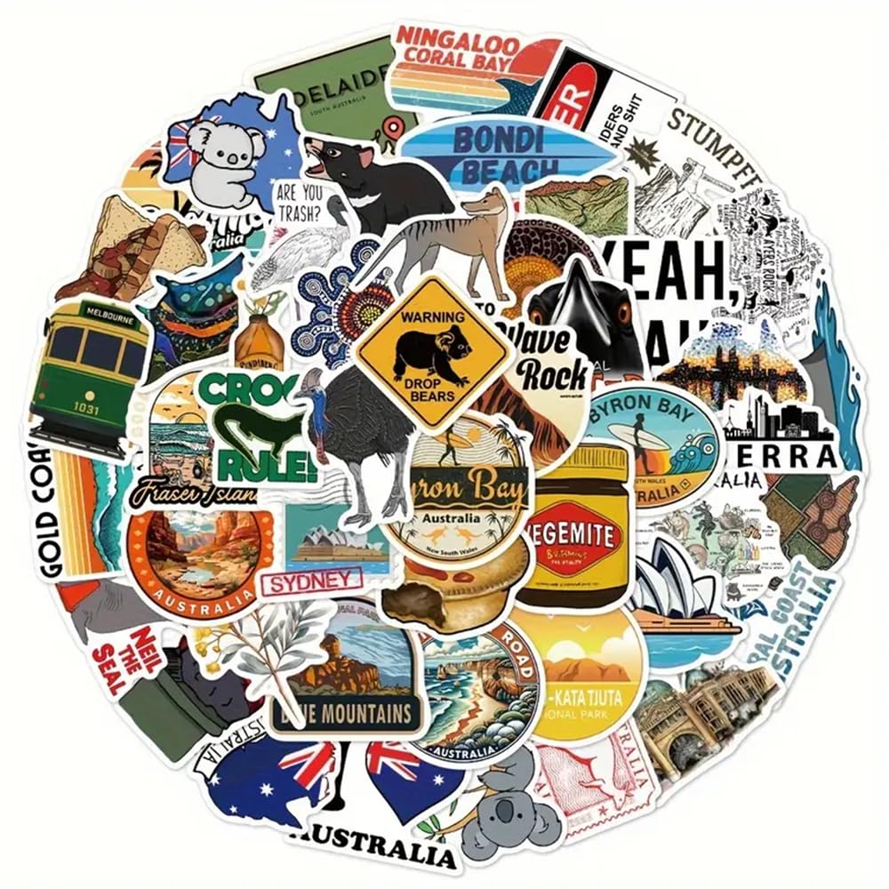 Caa Trading Multi Coloured Caa Trading™ Pack Of 50 X Australia Stickers Australian Aussie Adelaide Canberra Laptop Water Bottle Scrapbooking (50 Stickers)