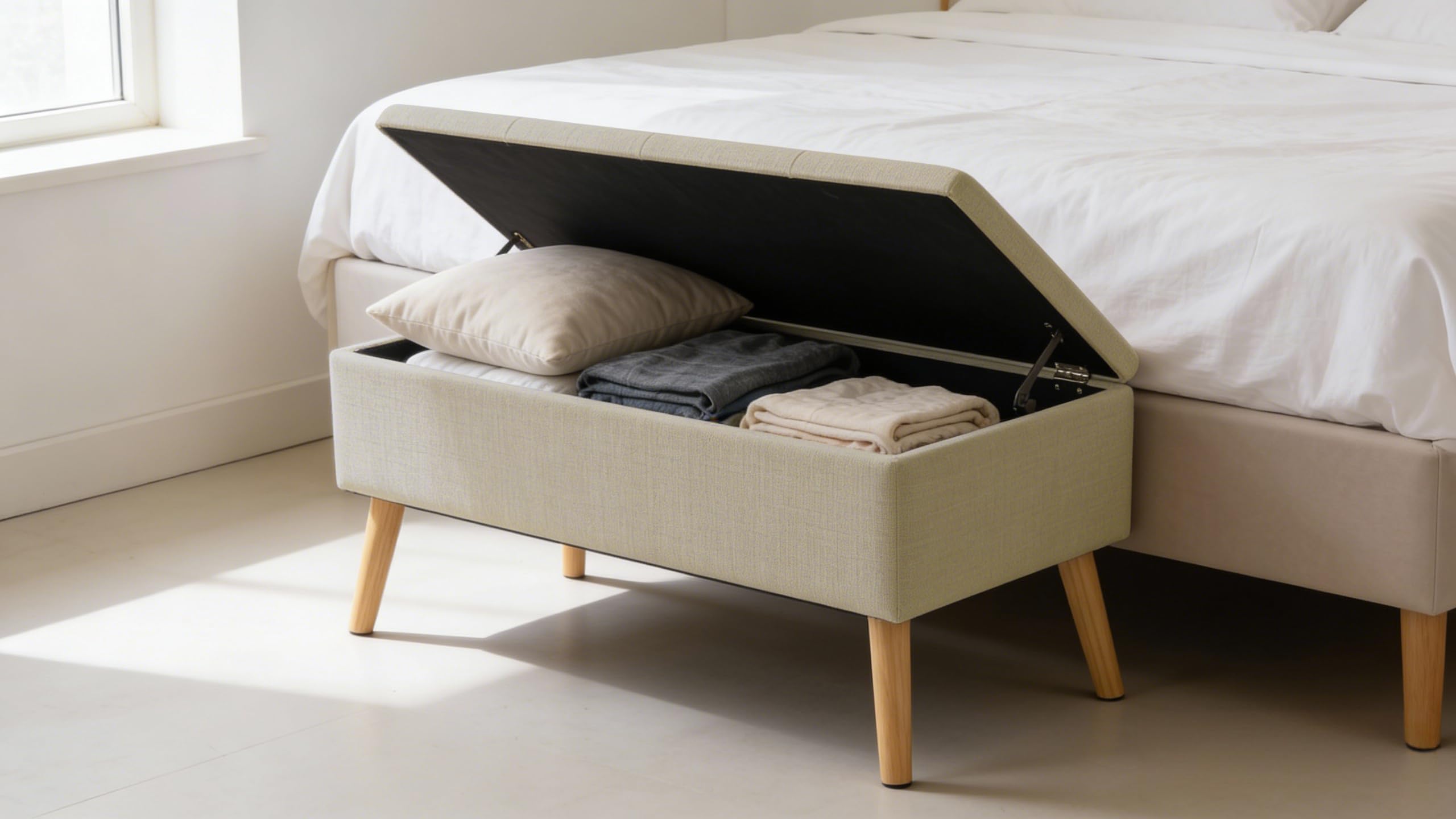 Zedelmaier Sitzbank mit Stauraum Sitztruhen Footstool Aufbewahrungsbox Stuhl Polstersitz aus Leinen Moderne Möbel (Beige Leinen)