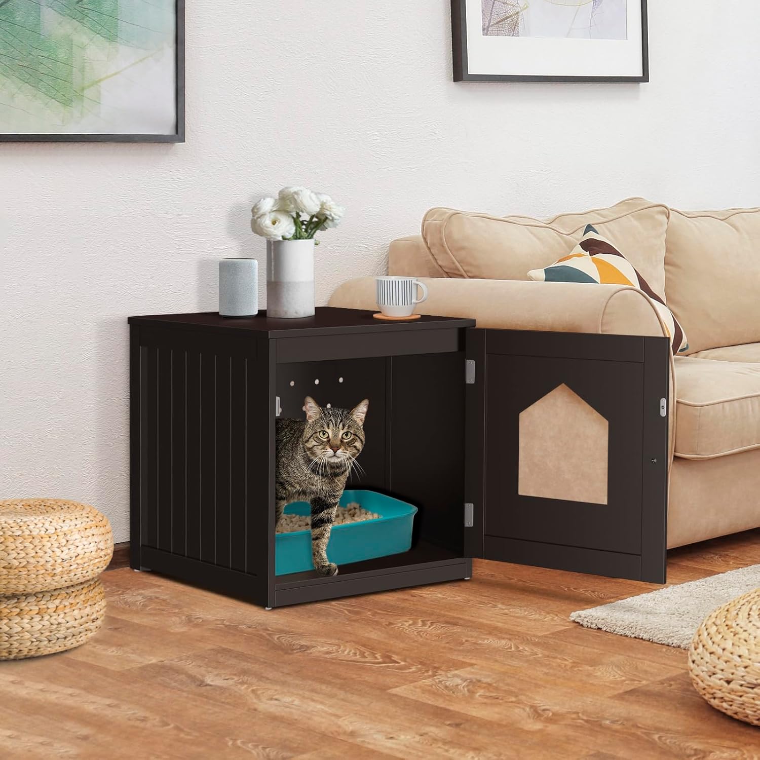 ZENY Cat Litter Box Furniture Hidden, Enclosed Cat Litter Box with Vent Holes, Indoor Cat Box Cabinet, Wooden Cat Washroom, End Table, Nightstand (Brown)