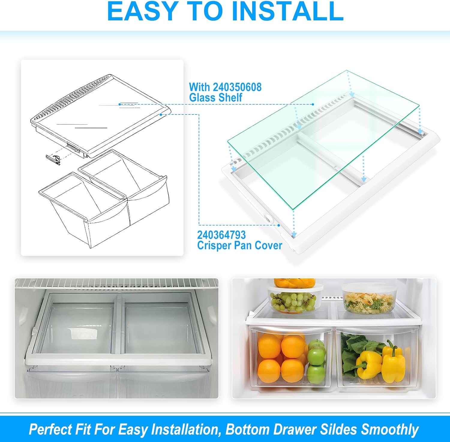 UPGRADED 240364793 Refrigerator Crisper Drawer Cover Frame with 240350608 Crisper Glass Replacement Compatible with Frigidaire Crisper Drawer Replacement 253.65802508 Fridge Crisper Pan Drawer Cover