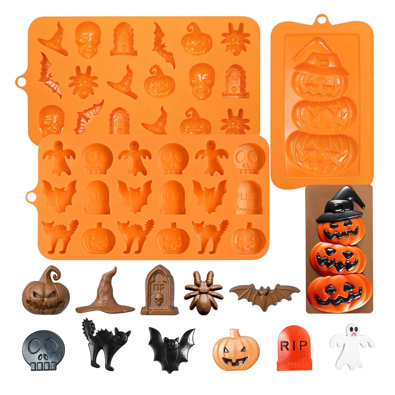 3 Pack Halloween Silicone Molds for Chocolate Candy & Ice Cubes - Skull, Pumpkin, Bat, Ghost, Cat, Tombstone, Spider, Witch Hat Shapes DIY Kit