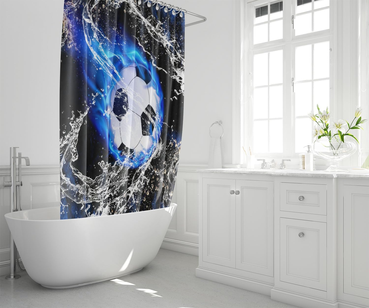 4Pcs Soccer Shower Curtain for Boys Bathroom Set - Boys Sports Shower Curtain Set with Bath Mat Toilet Lid Cover with 12 Hooks, 70" x 70"