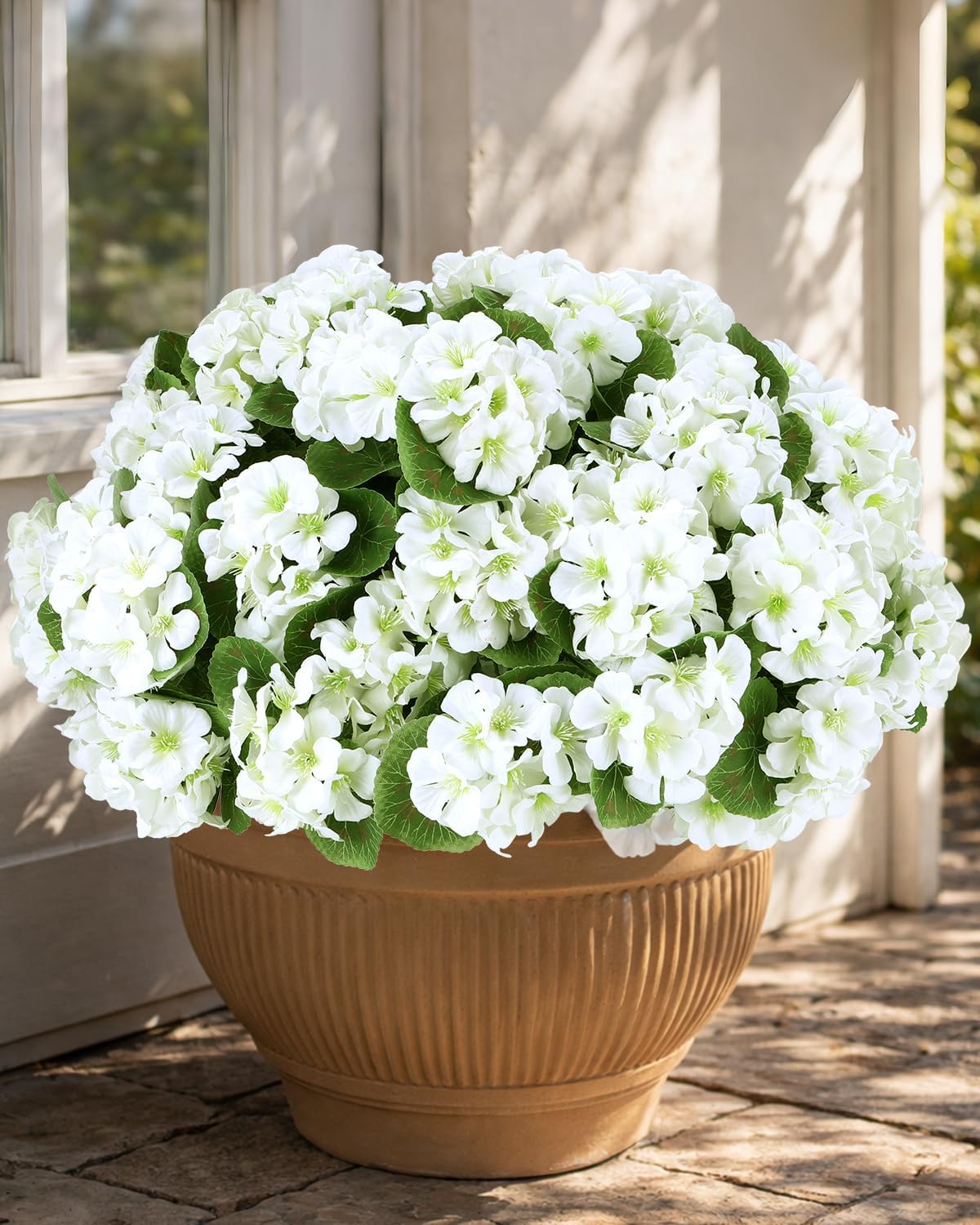 Artificial Flowers for Outdoors – 12 Bundles of UV-Resistant Artificial Geraniums, Realistic Silk Flowers for Front Porch, Patio, Garden, Window Boxes & Hanging Baskets (White, 12)