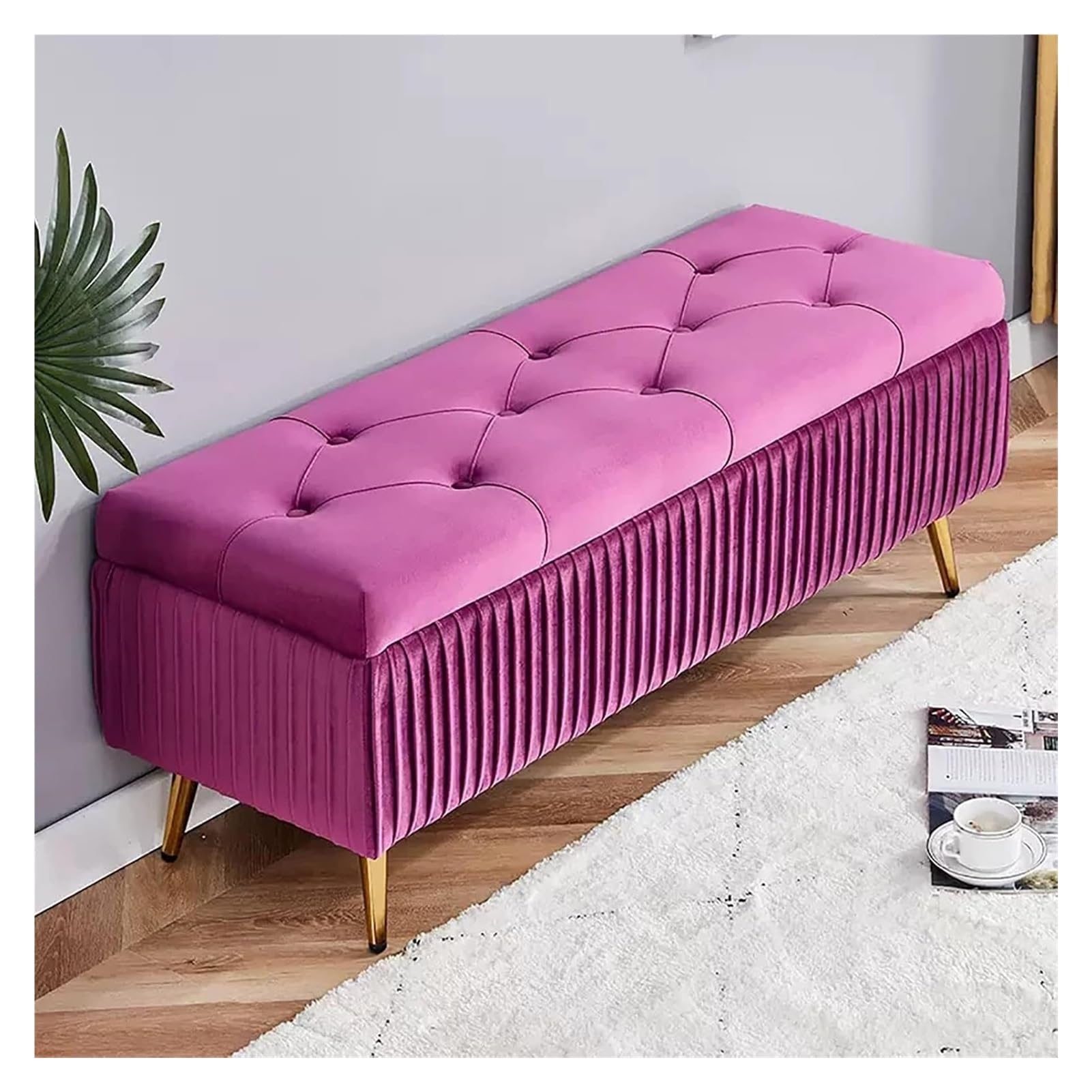 LMMIAOZ Velvet Storage Bench with Gold Metal Legs Bedroom Ottoman with Storage for Living Room Entryway Hallway Foot Rest (Purple 80x40x45cm)