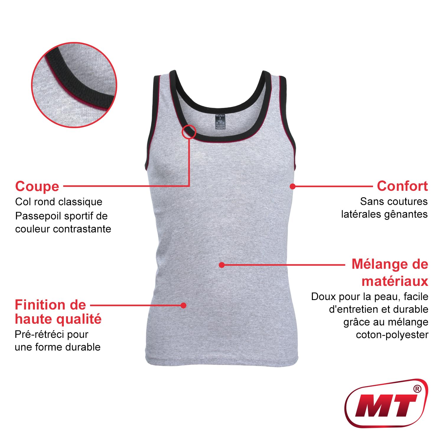 Lot de 5 mt® finement côtelés Débardeur Melange couleurs – Le maillot de corps poitrine Chemise en pack de 5 couleurs