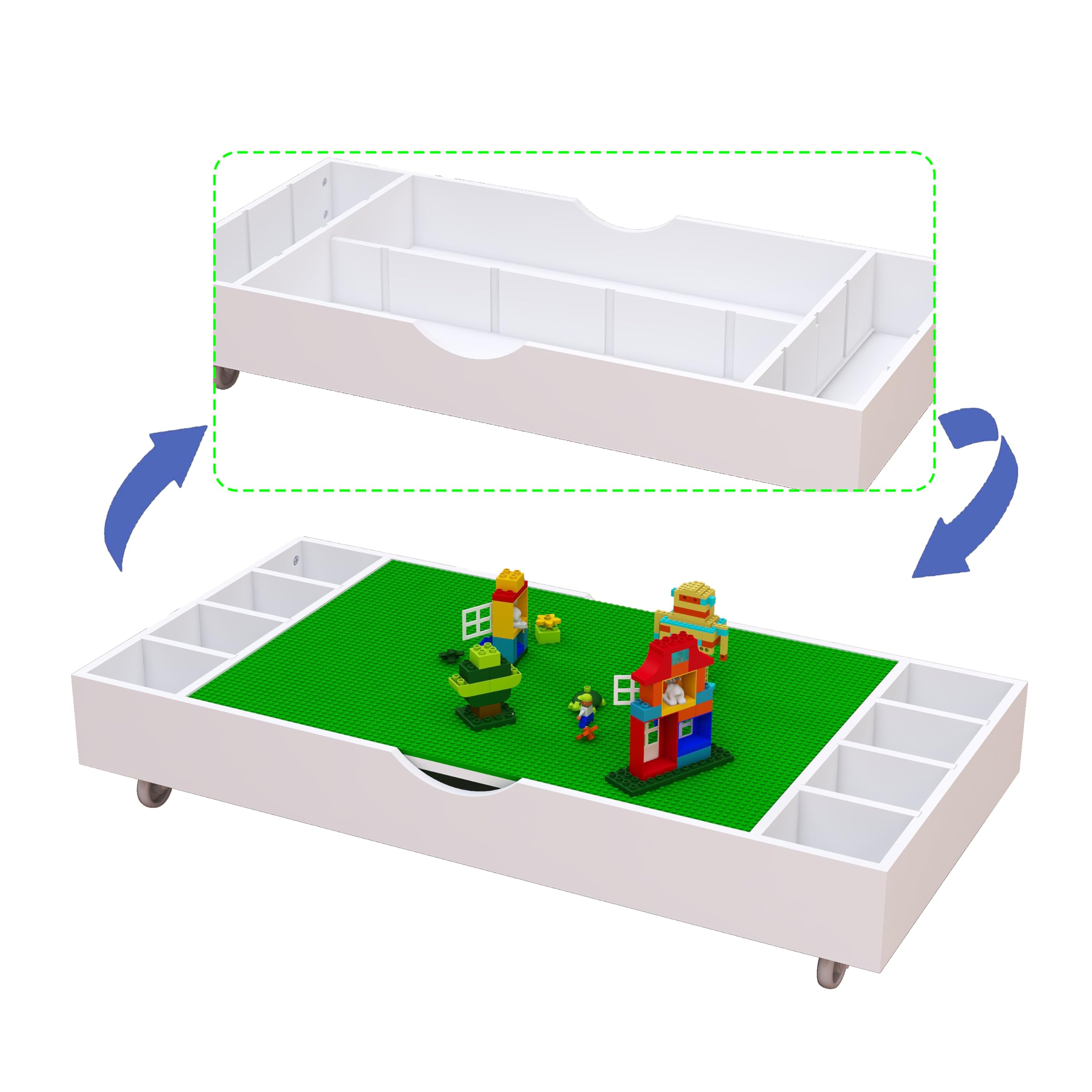 OQSC Wooden 2 in 1 Construction Rollaway Kids Activity Table with Storage, Play Rolling Game Table with Wheels, Block Board, Conveniently Stores Under The Sofa, White