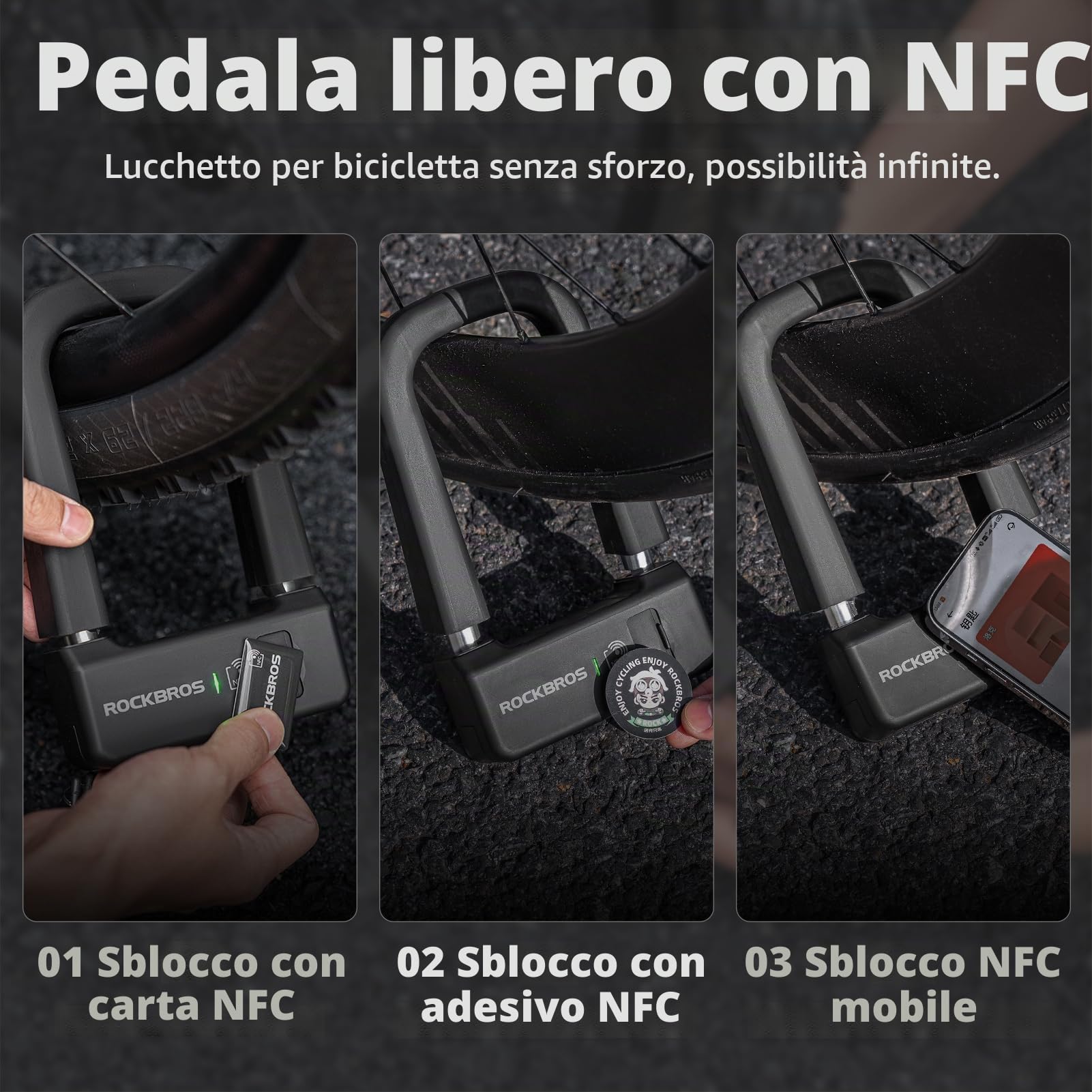 ROCKBROS Lucchetto a U per Bicicletta con NFC, Lucchetto di Sicurezza per Bici Ricaricabile e Antifurto, U-lock per MTB, Bici Pieghevole, Scooter, Monopattini Elettrico