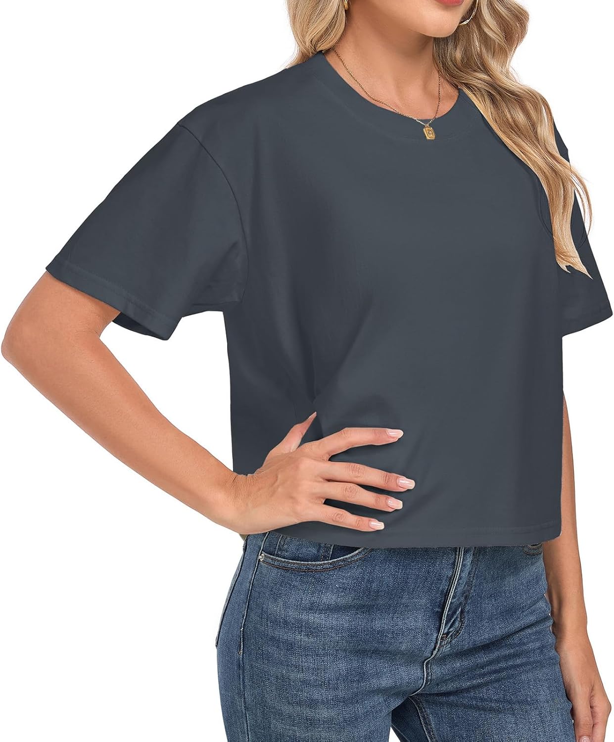 Women's Short Sleeve Crop Tops Cotton T Shirts Crew Neck Summer Clothes Casual Loose Solid Tees - Image 3