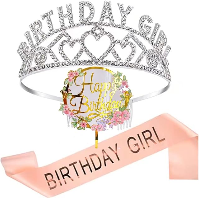 Birthday Queen Crown Headband Birthday Girl Sash and Tiara Crystal Rhinestone CrownWith Birthday cake insert for Happy Birthday Gift Party Accessories, Favors, Decorations