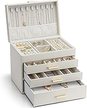 Vlando Large Capacity Jewelry Box, 4 Tiers, Drawers, Trinket Storage, Accessory Storage, Earrings, Watches, Storage Case (Ivory)