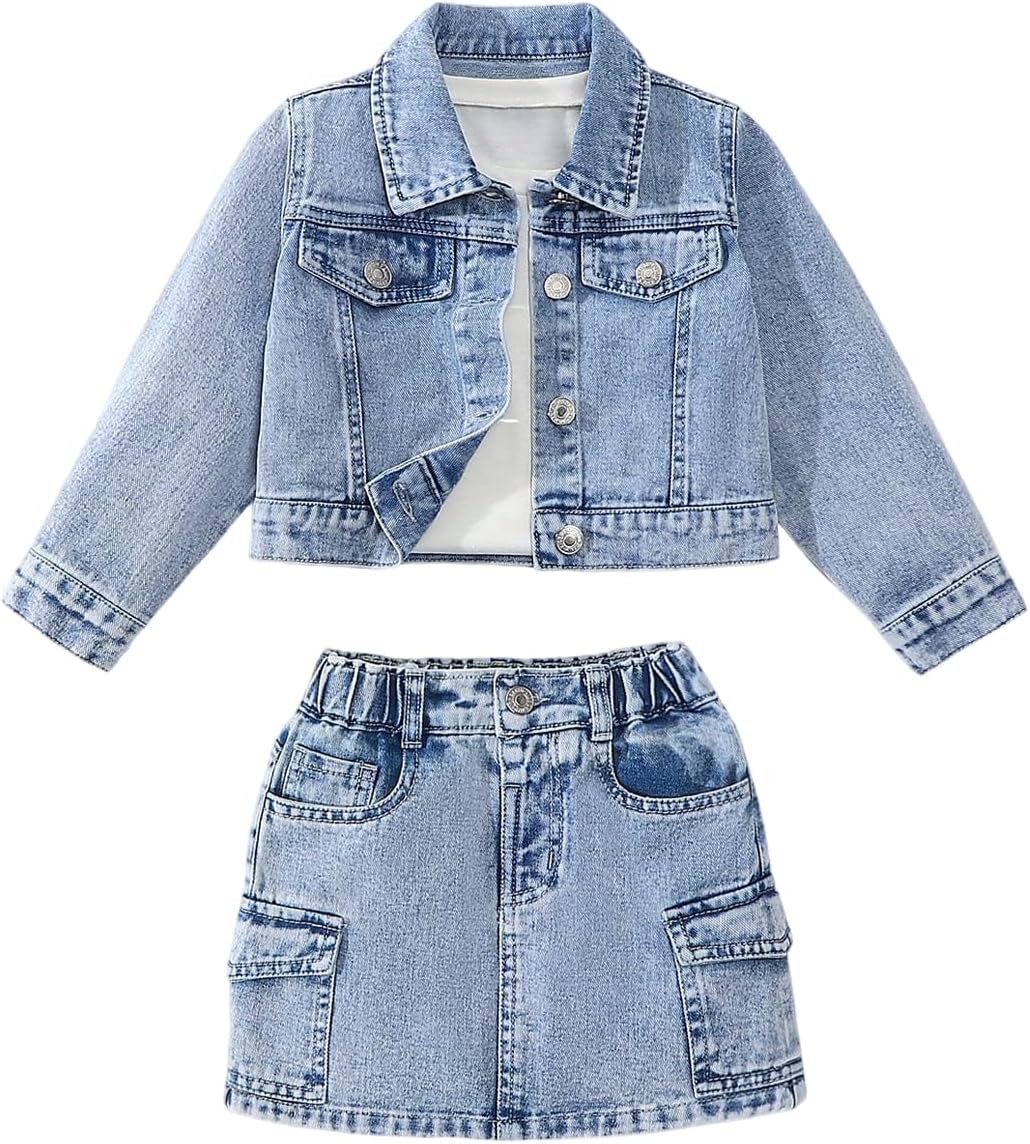 WDIRARA Toddler Girl's Cute 2 Piece Outfits Heart Print Button Down Jacket Cargo Denim Skirt Set