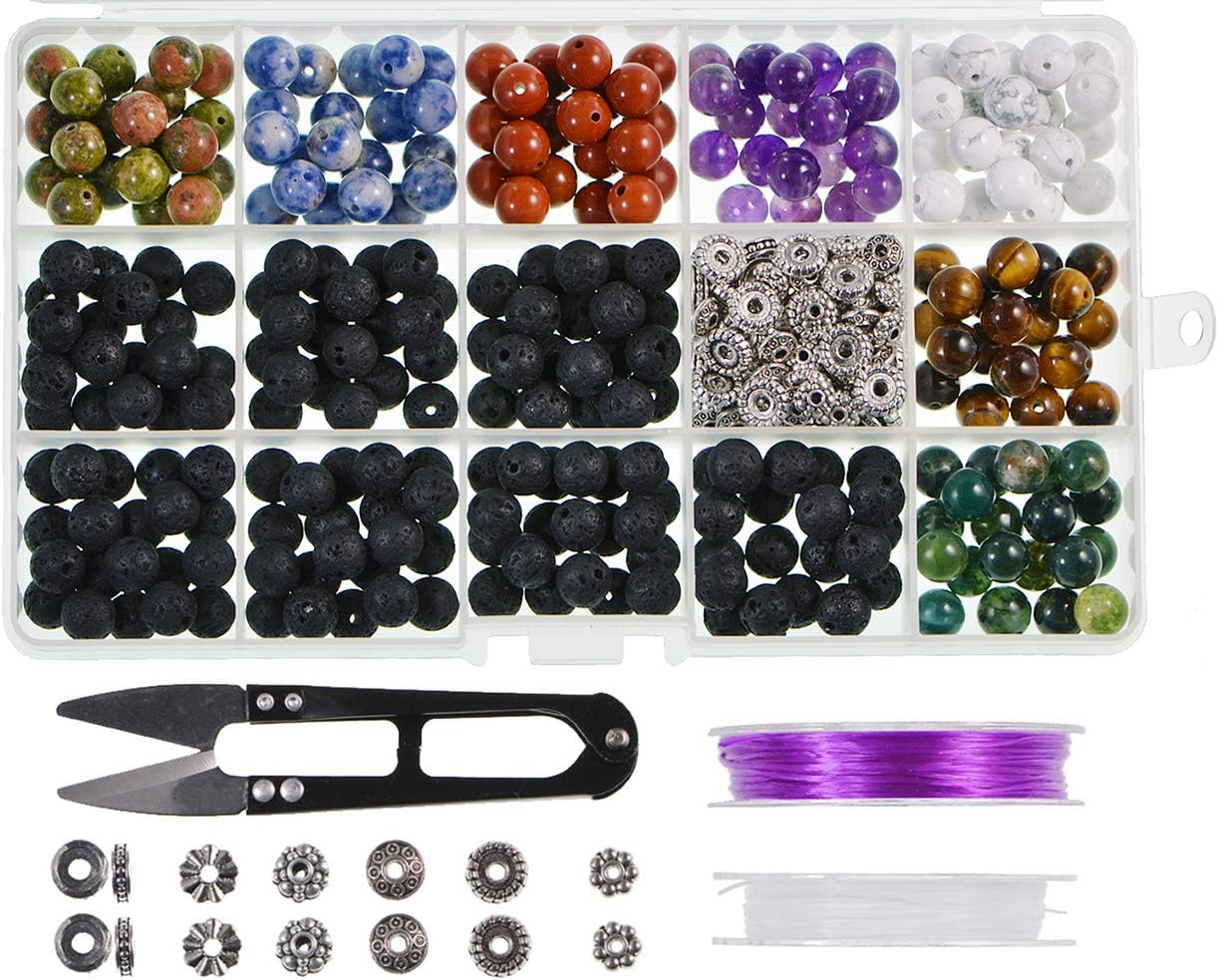 LPBeads Natural Stone Beads Box Set Kits 8mm Round Loose Gemstone Natural Amethyst Lave Stone Assorted Color with Accessories Tools for Bracelet Jewelry Making