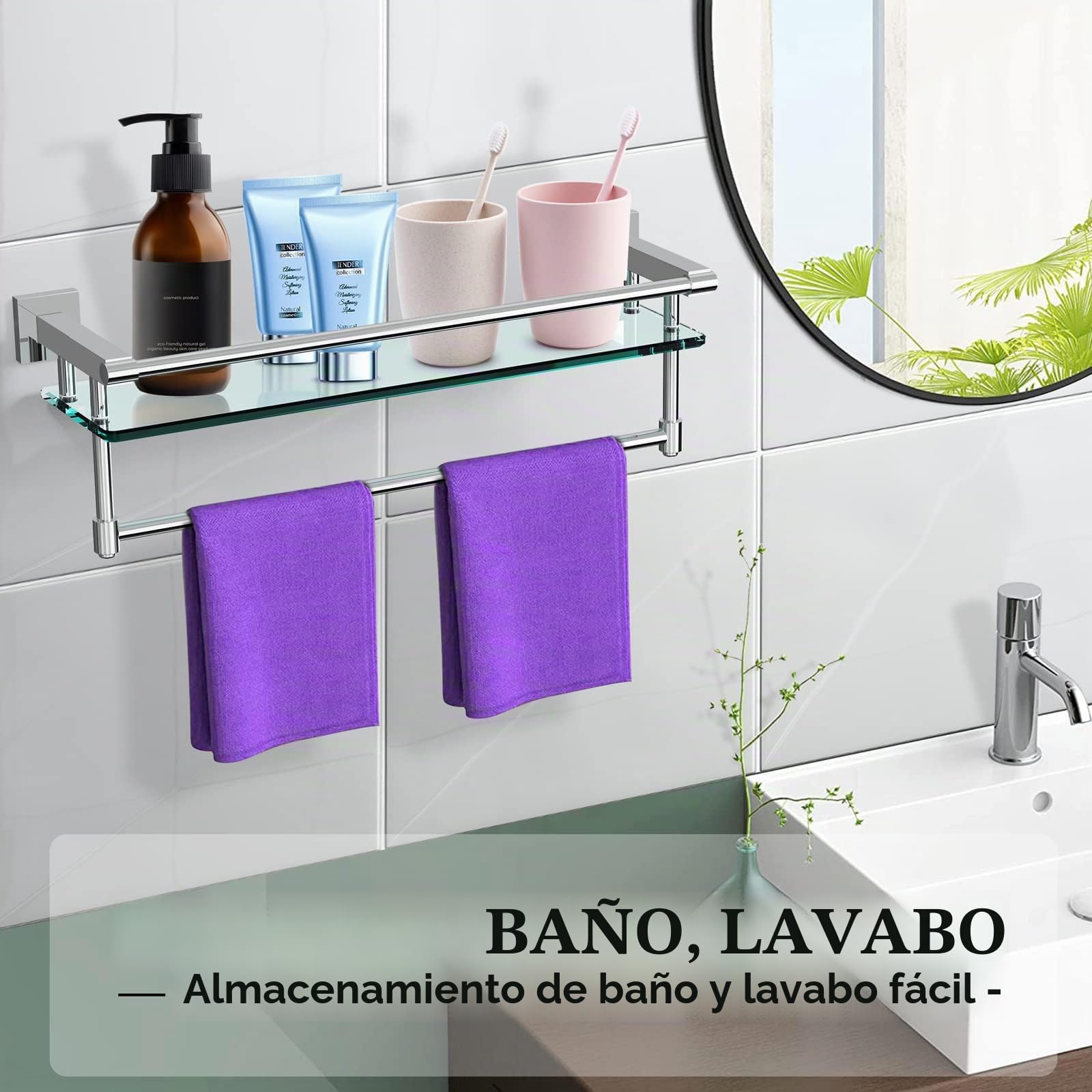 Estante de Cristal para baño de 50,8 cm con toallero, Estante de Vidrio Templado montado en la Pared, Estante de Almacenamiento de Toallas de Hotel, Sus304, Acero Inoxidable, Acabado Cromado