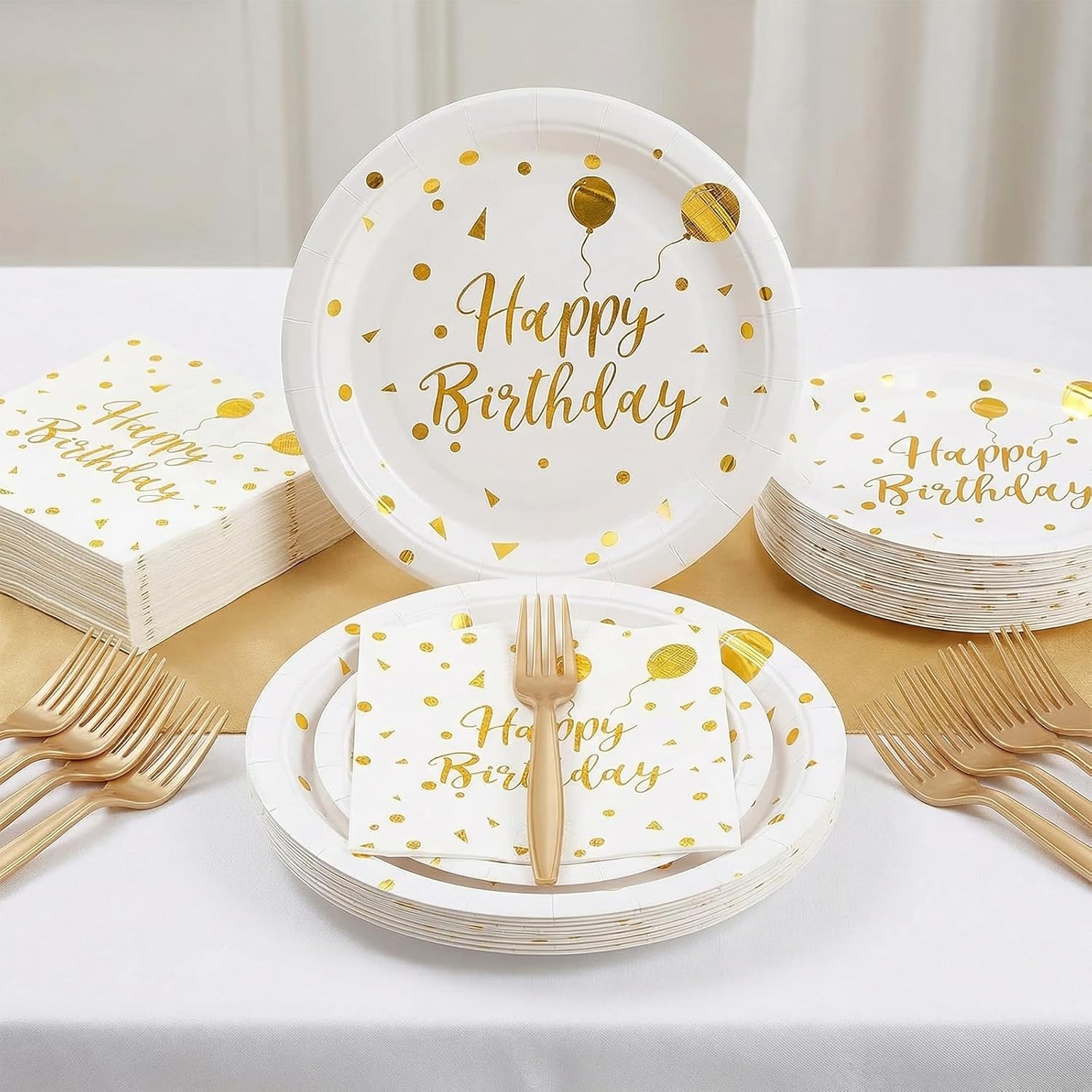 Bourns 100PCS Birthday Decorations Plate Set,Happy Birthday Plates and Napkins Party Supplies, Gold Accent Design Serve 25 Guests(White) - Image 5