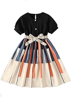 Girls Geometric Print Dress for Kids, Fit and Flare, Round Neck, Frock for Girls (Black)