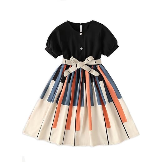 Geometric Print Dress for Kids - Black