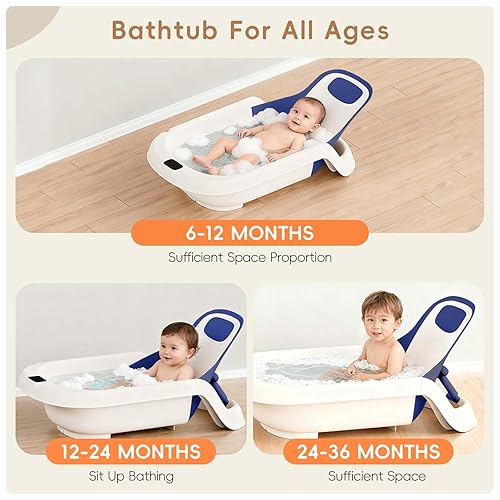 Miniatura 3 de Bañera de bebé para recién nacidos hasta niños pequeños, bañera reclinable para recién nacidos, bañera ajustable con tapón de drenaje, almohadilla