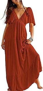 Women Summer Dresses Sexy V-Neck Maxi Dress Tiered Silhouette with Flutter Sleeve Backless Elastic Waist Flowy Dress - Buy now