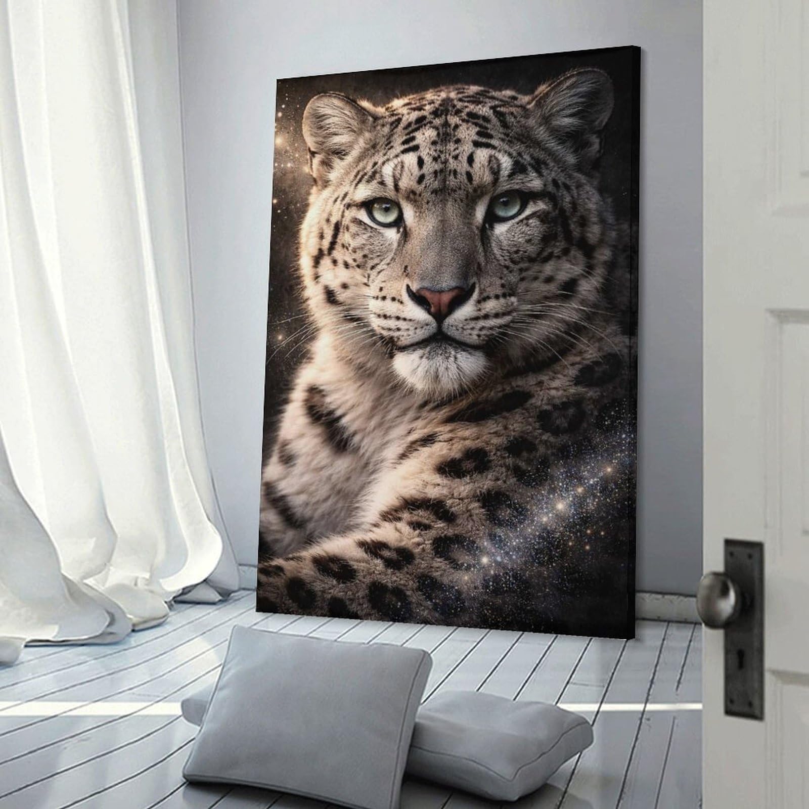 Junmoney Snow Leopard with Cosmic Background Canvas Wall Decor, 24x36inch(60x90cm), for Home Office, Desk Area Or Studio, Wall Art That Adds Style to Work Areas