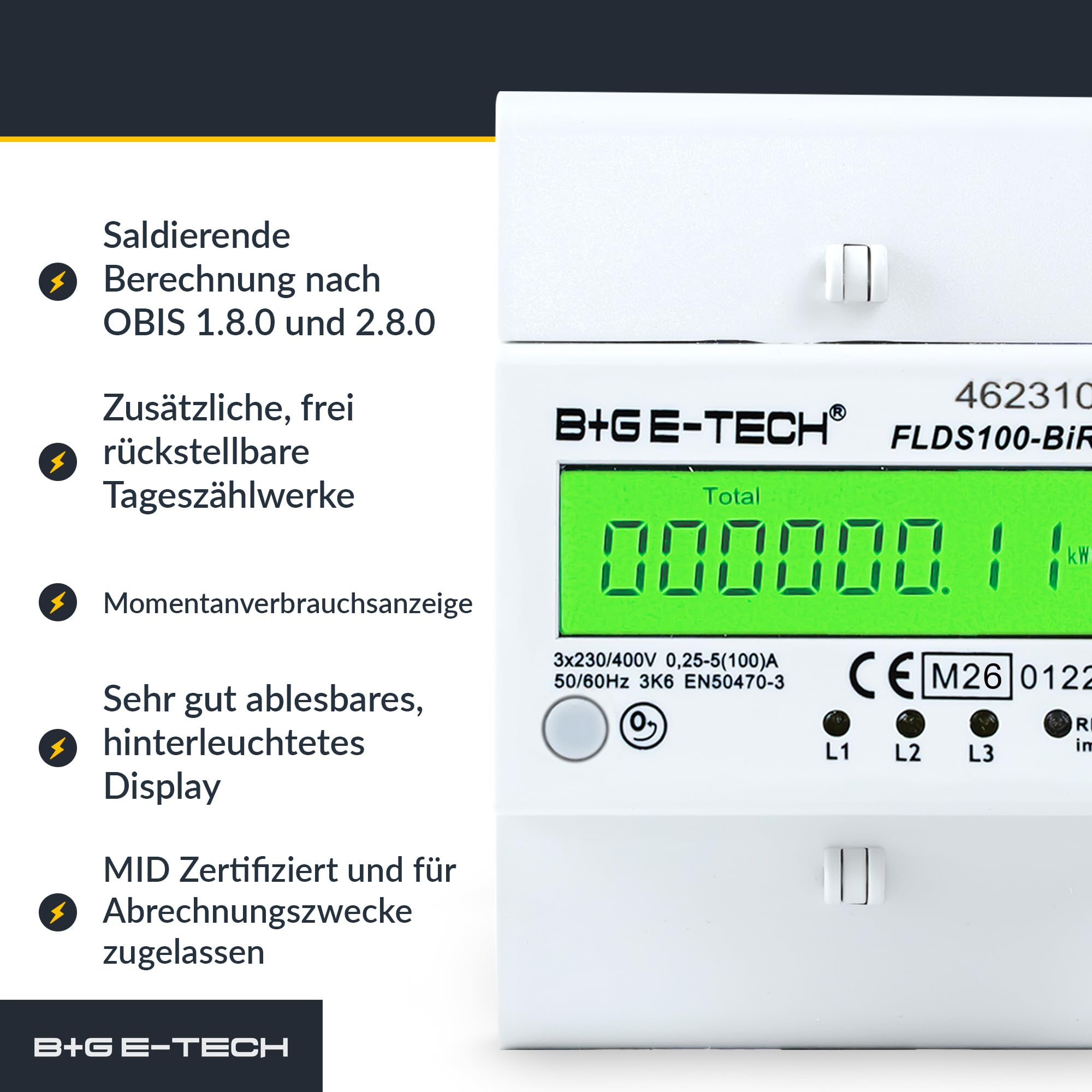 Digitaler 3-Phasen Drehstromzähler [FLDS100BiR - MID 26] - Stromzähler für TS35 Hutschiene, MID geeicht, digitaler LCD Drehstromzähler mit S0, 100A, 400V