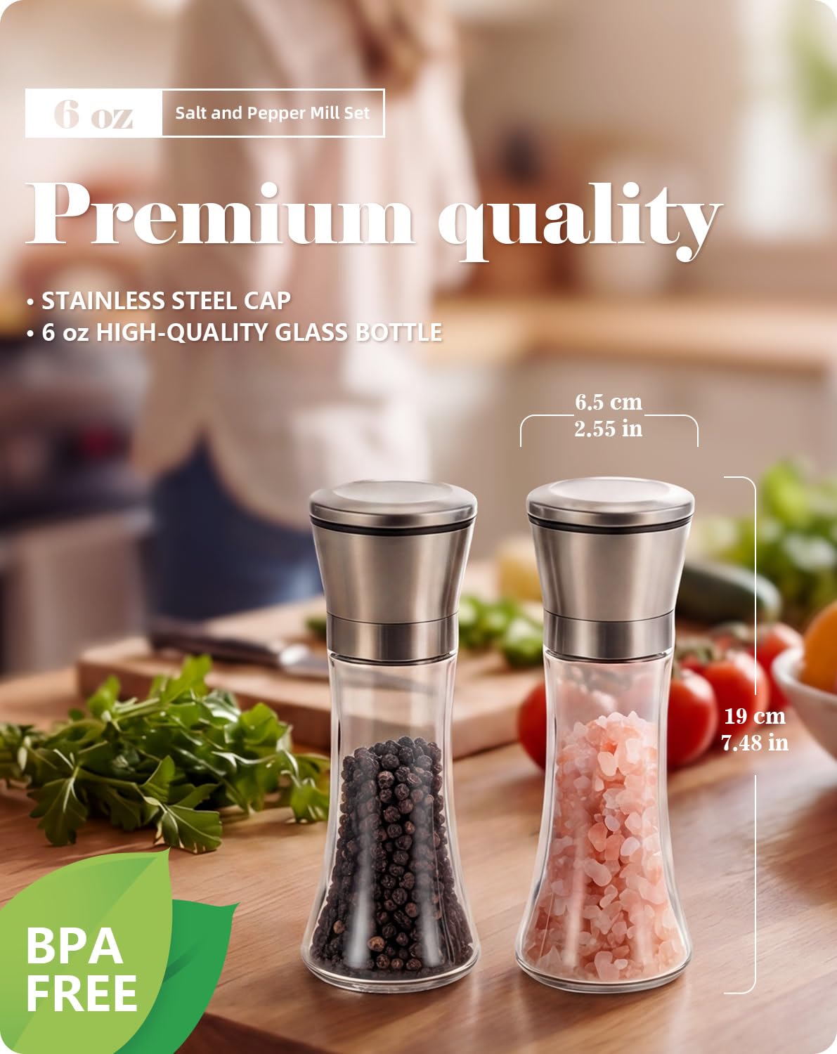Salt & Pepper Grinder Set - Adjustable Ceramic Mills -2
