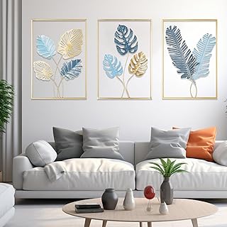 MeYuxg 3 Stück Gold Wanddeko Metall Wohnzimmer, 30x43cm Metallbilder Wanddeko, Blatt Wandbild mit Rahmen Okra-Blätter, Bananenblätter, Moderne Heimde Metall für Schlafzimmer, Küche, Büro