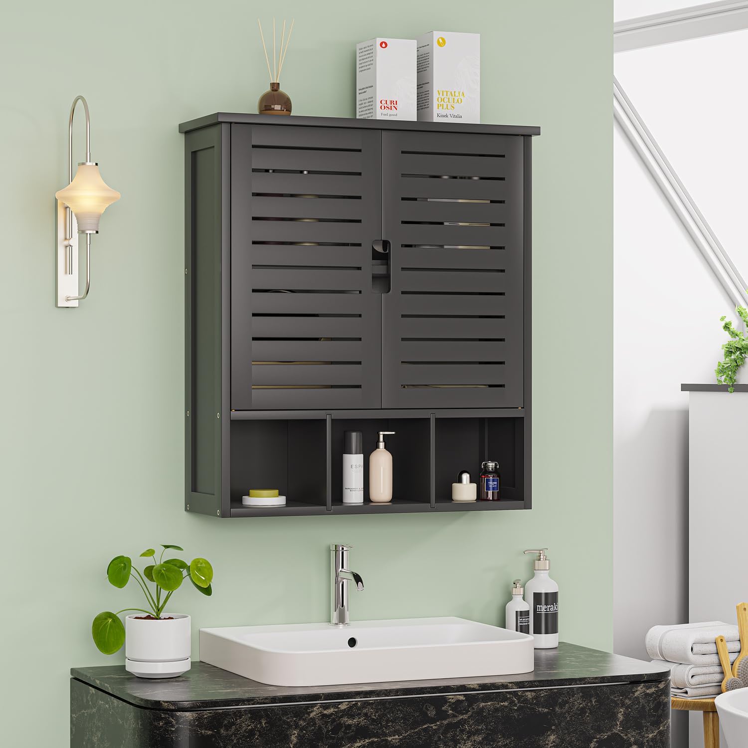 Bathroom Wall Cabinet, Bamboo Medicine Cabinet Wall Mounted with 2 Doors & Adjustable Shelf, Over The Toilet Storage Cabinet for Bathroom Laundry Room Kitchen (Black)