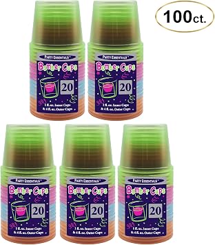 Party Essentials Disposable Soft Plastic Bomber Cups, Jager Bomb Shot Glasses, 4 oz., 100-Count, Assorted Neon