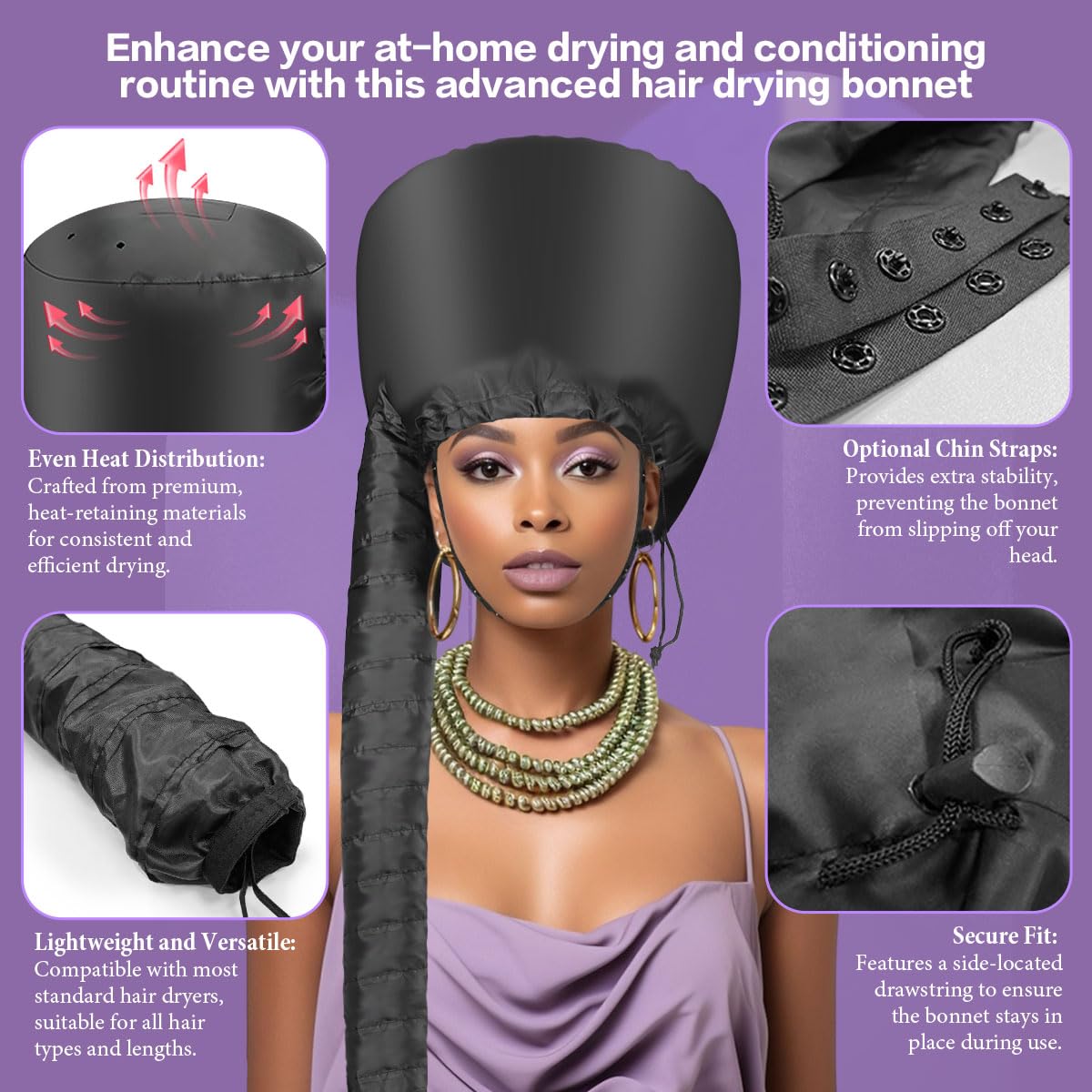 Secador de pelo con capucha, secador de pelo de secado rápido para cabello natural, acondicionamiento profundo, peinado y mejora de rizos, ajuste ajustable, distribución de calor, portátil y ligero 3