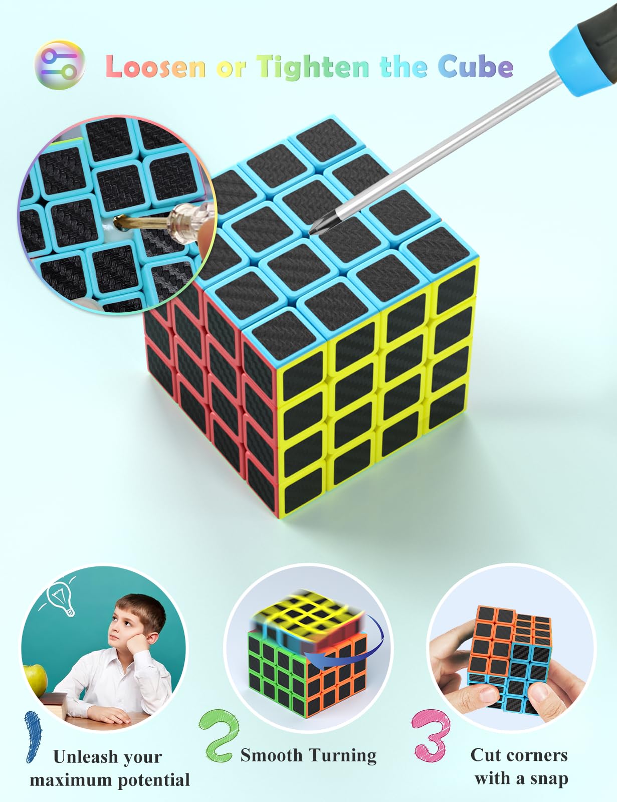 ROXENDA 4X4 Magiczna Kostka, 4X4X4 Speed Cube Supertrwała Naklejka z włókna Węglowego w żywych Kolorach (4x4x4)
