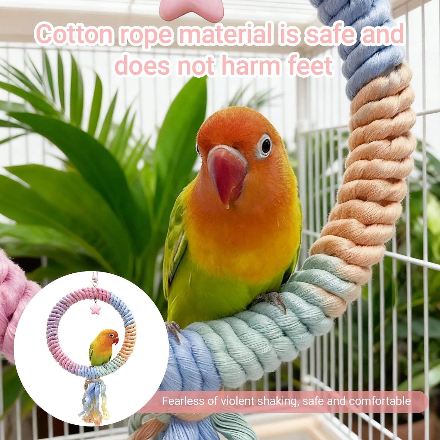 Bird Swing,Gradient Colorful Cotton Rope Bird Swing Cage Hanging Toys,Bird Cage Climbing Rope Toys Accessories,for Cockatiel Conure Cockatoo Parakeet Cage Hanging Decor(Round,Diameter:7.9") image 3