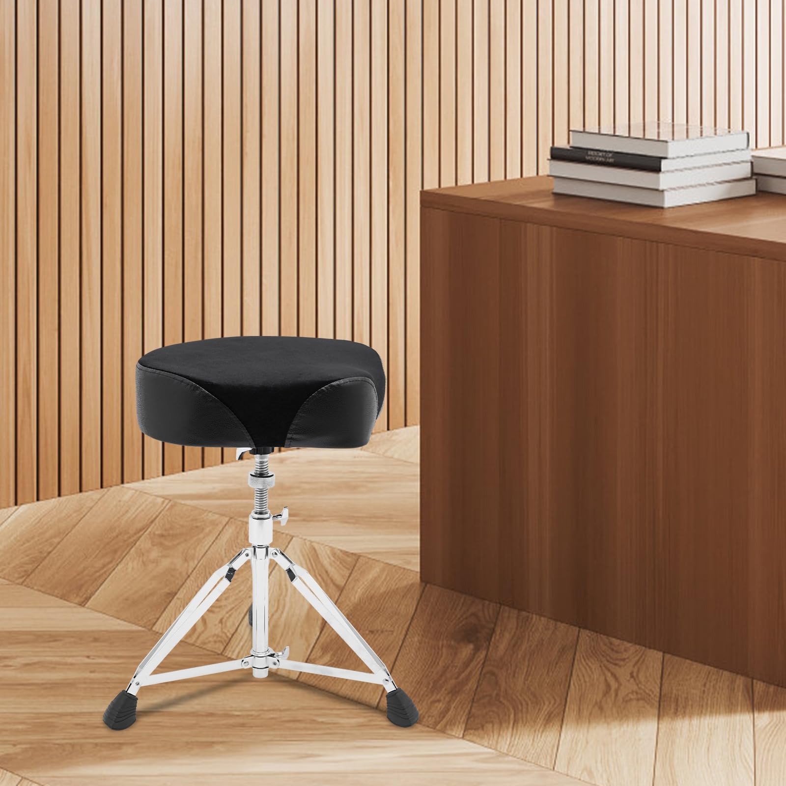 Taburete de batería regulable de 45 a 68 cm, taburete acolchado con asiento de 10 cm de grosor, taburete plegable, capacidad de carga de 100 kg, para batería, peluquería, salón de uñas, cafetería