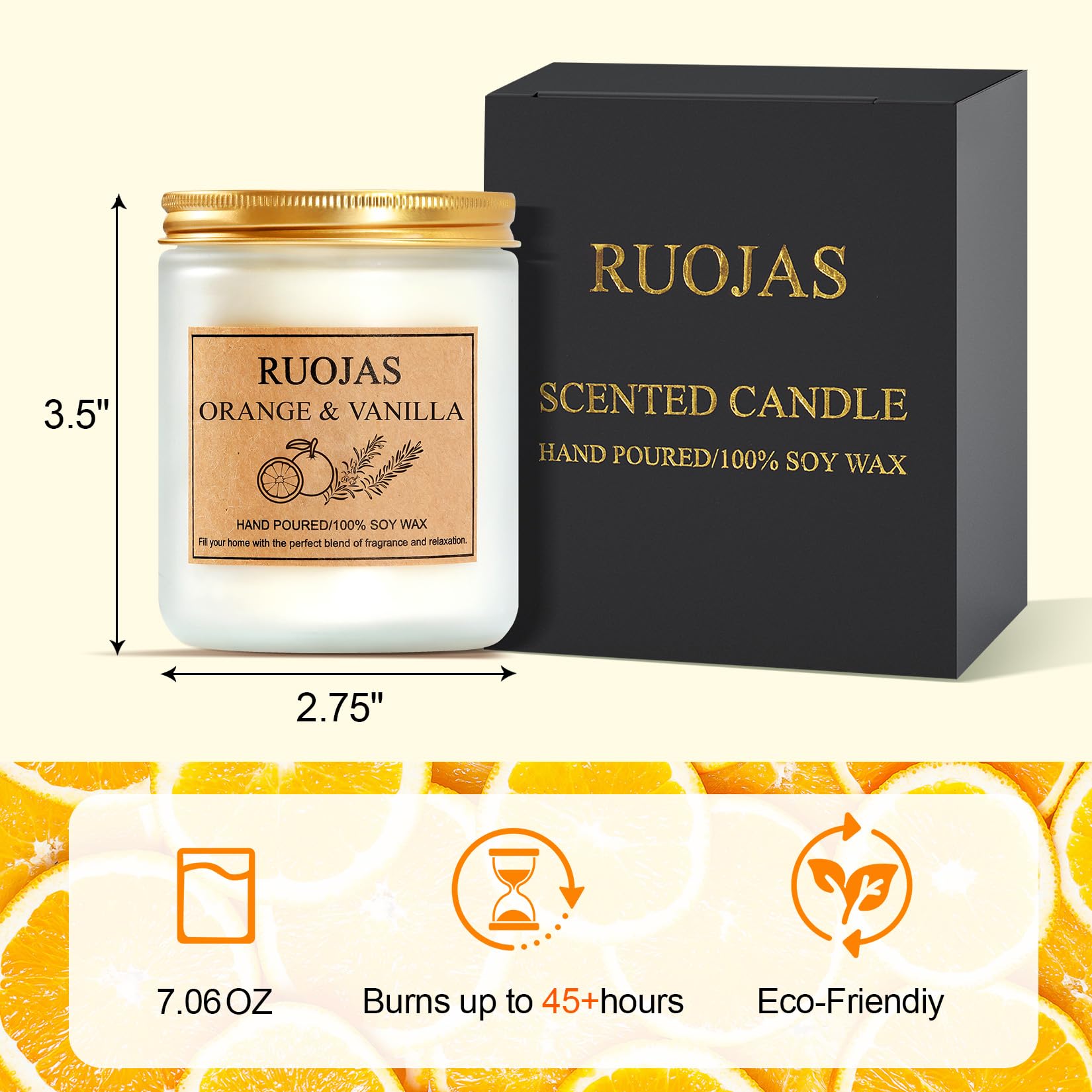 RUOJAS Scented Candle Natural Soy Candle Vanilla & Orange Aromatherapy Candle Gifts for Mom Women Dad, Holiday Candle, Spa Candle, 45 Hour Burn Time (7oz)