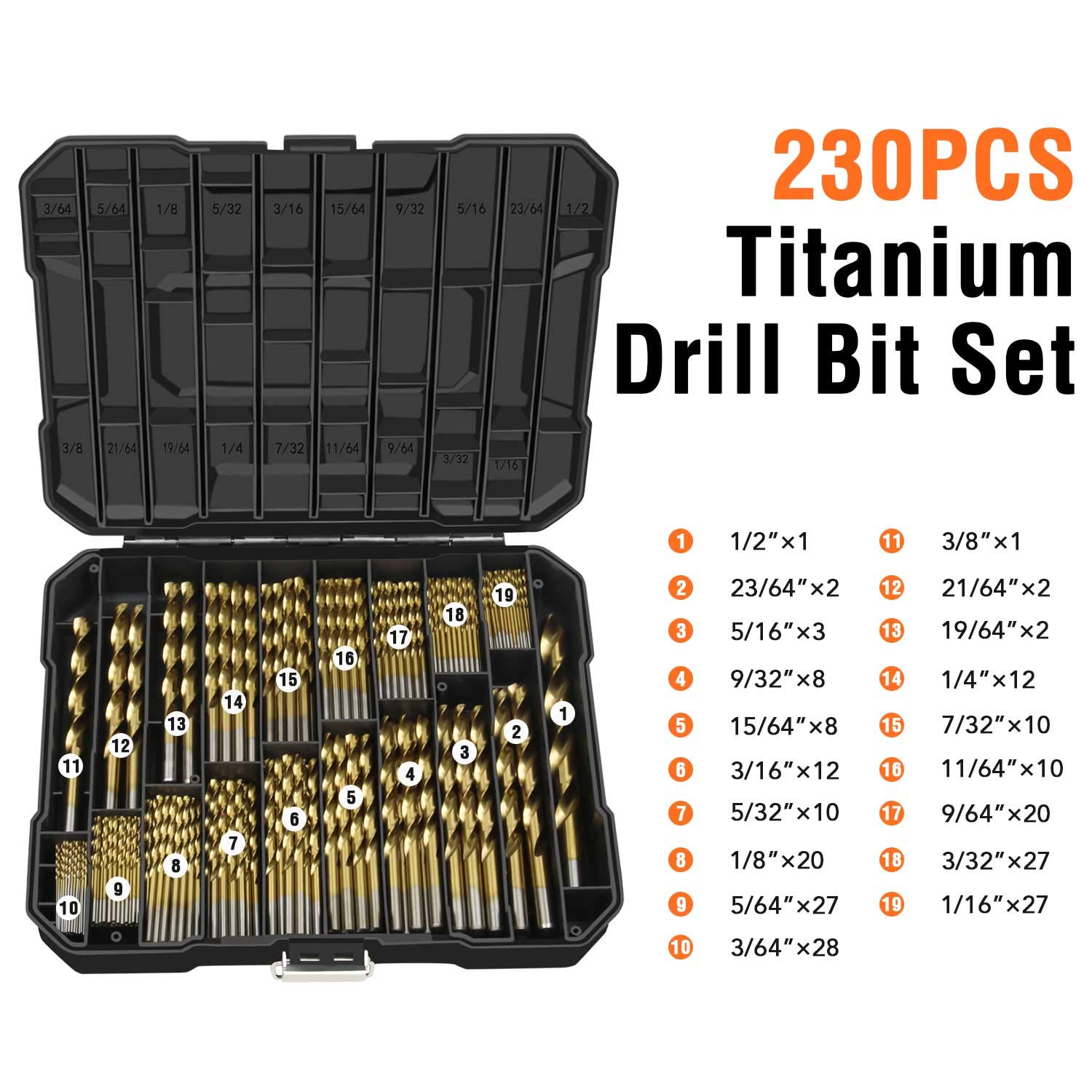 EnerTwist Juego de brocas de titanio para metal y madera, 230 piezas, anti-caminata 135° recubierto HSS