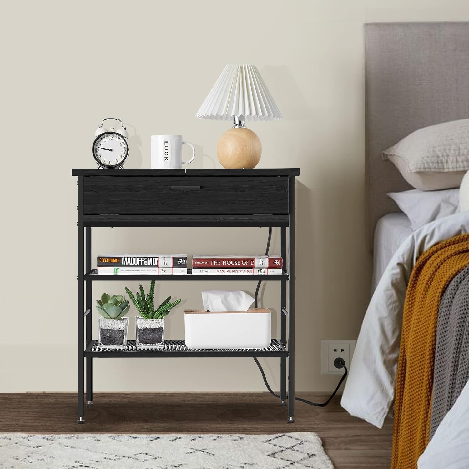 WASAGUN End Table with Charging Station & USB Ports, Side Table with Pull Down Drawer & Storage Shelf Nightstand for Living Room Bedroom,Black