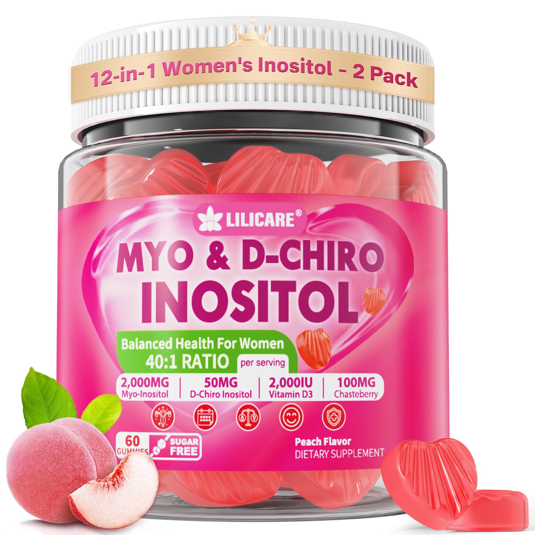 Inositol Gummies for Women + Chasteberry, Myo-Inositol & D-Chiro Inositol 2000mg + 50mg Ideal 40:1 Ratio with Methylated B12 & Folate, Choline, Magnesium, Vitamin D3 for Overall Health, Pack of 2