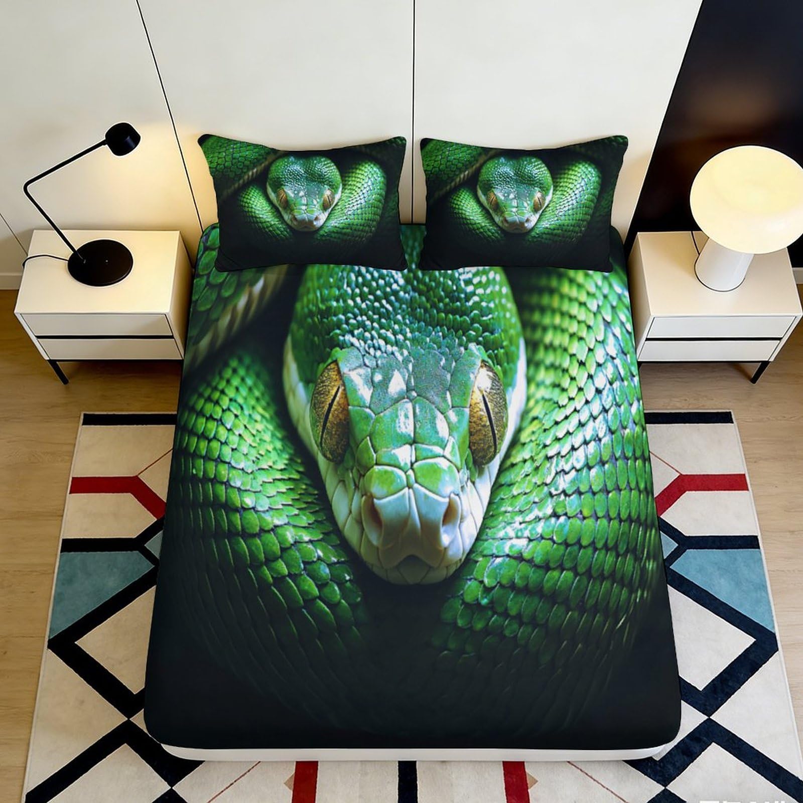 3D Printed Green Snake Fitted Sheet Microfiber Soft Anti-Slip Jungle Reptile Bed Cover for Bedroom Guest Room Decor 90x200x25cm