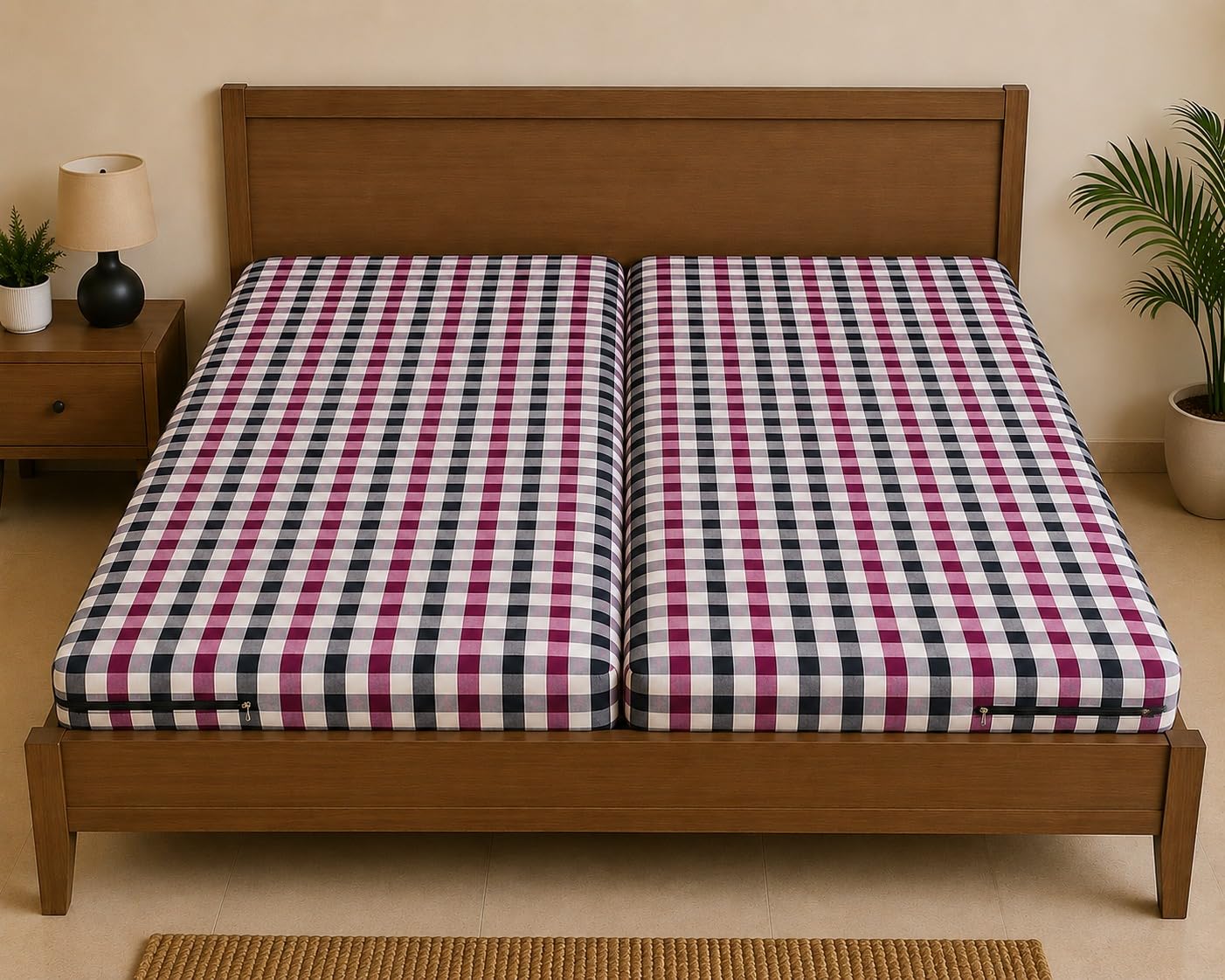 Pink Checked Zipper Mattress Cover 48 x 75 x 4 Inch | Double Bed Protective Mattress Encasement | Soft Breathable Fabric | Washable Dust Resistant Mattress Cover with Full Zip Closure-image-20