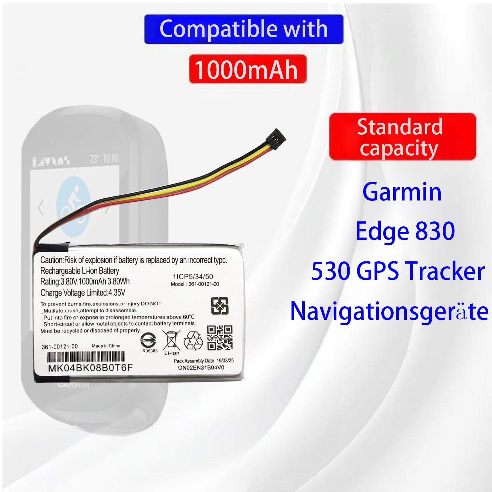 361-00121-00 - Batteria di ricambio 361-00121-00, compatibile con Garmin Edge 830, 530 GPS Tracker, navigatori batteria