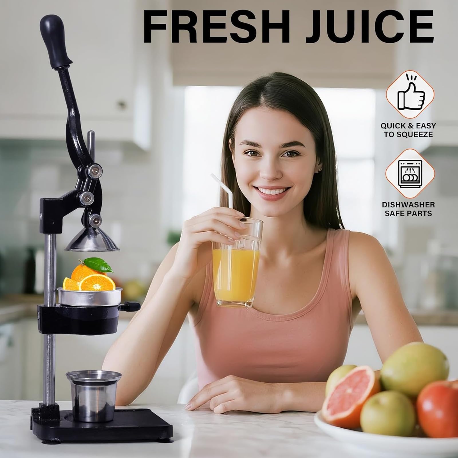 Ręczna wyciskarka do soków ręcznych, żeliwna wyciskarka do cytrusów, pomarańczowa, cytryna, granat, wytrzymała, ręczna wyciskarka z ergonomicznym uchwytem, idealna do barów, kawiarni, stojaków na soki