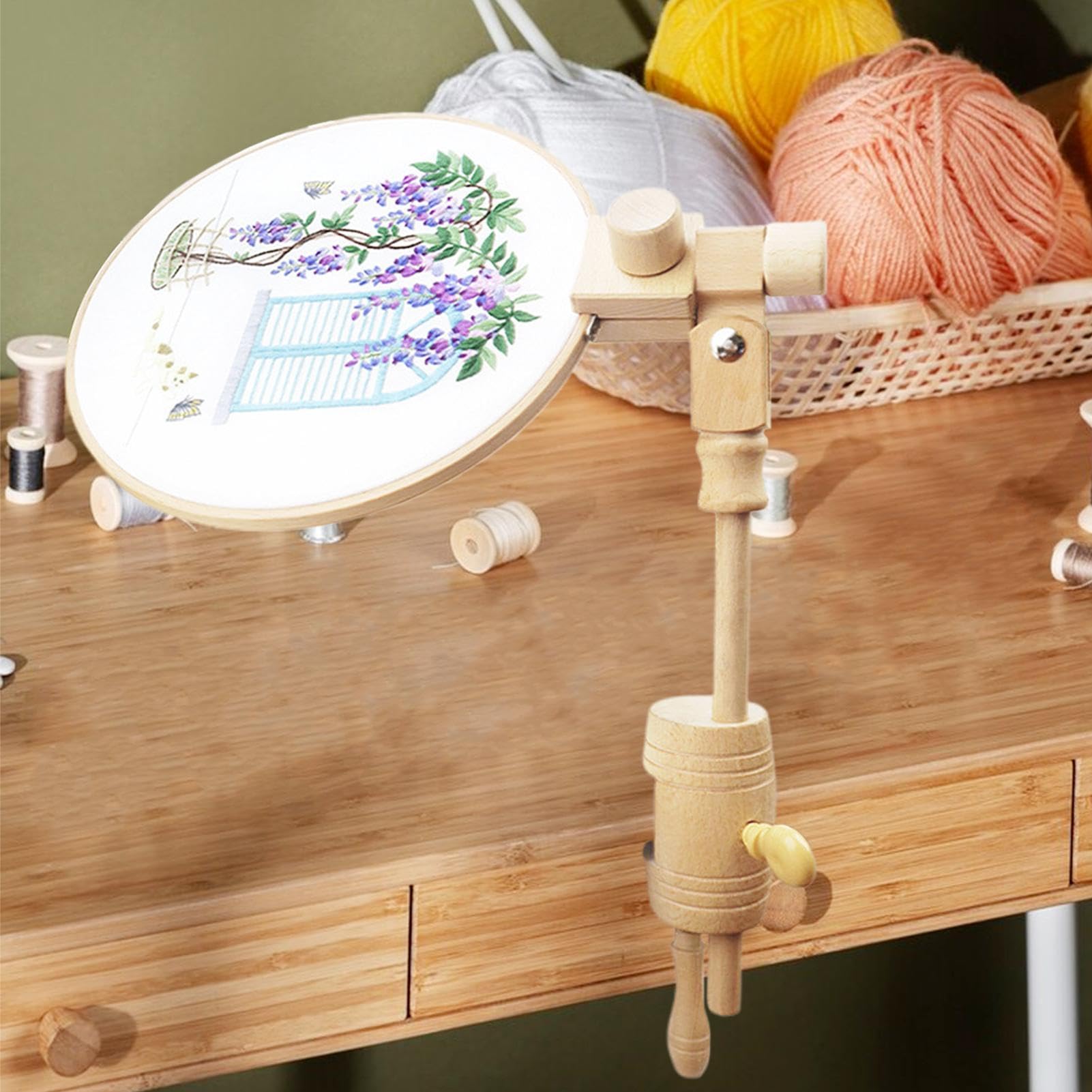 Renopfect Support de cadre à broder en bois - Support de cadre de broderie rotatif réglable à 360 ° - Support de cadre en bois réglable - Table de cadre torsadée